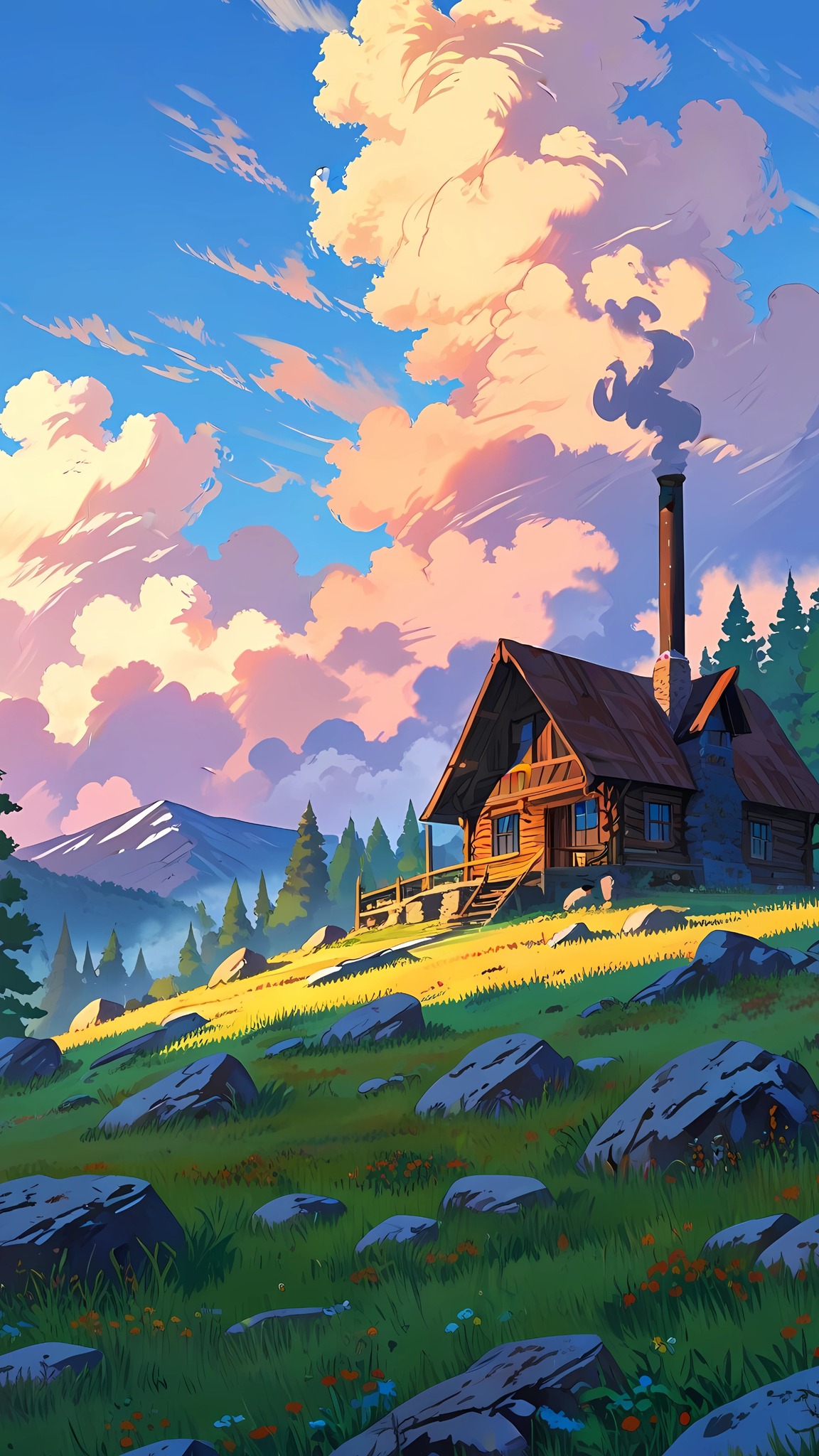 🏡 山间木屋插画壁纸 | 自然治愈风光高清手机壁纸