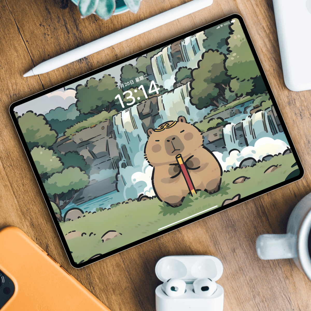 佛系卡皮巴拉壁纸｜治愈系水瀑风景插画高清全端适配下载