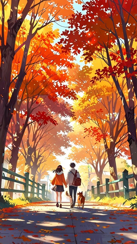 🍂 秋日恋人插画壁纸 | 温暖治愈情侣牵手场景手机壁纸